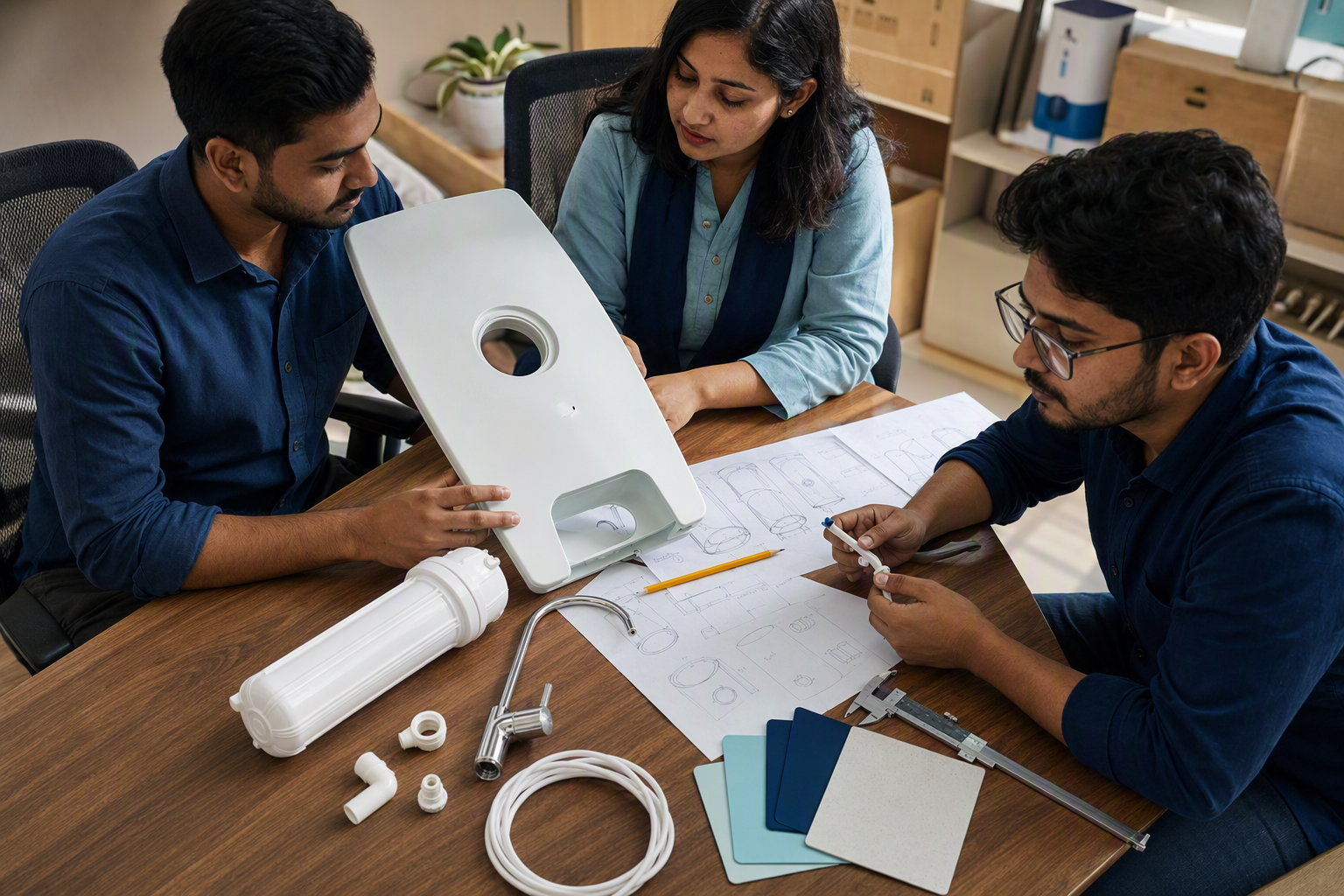 Conceptual design review with purifier components, notes, and water-source diagrams on a worktable