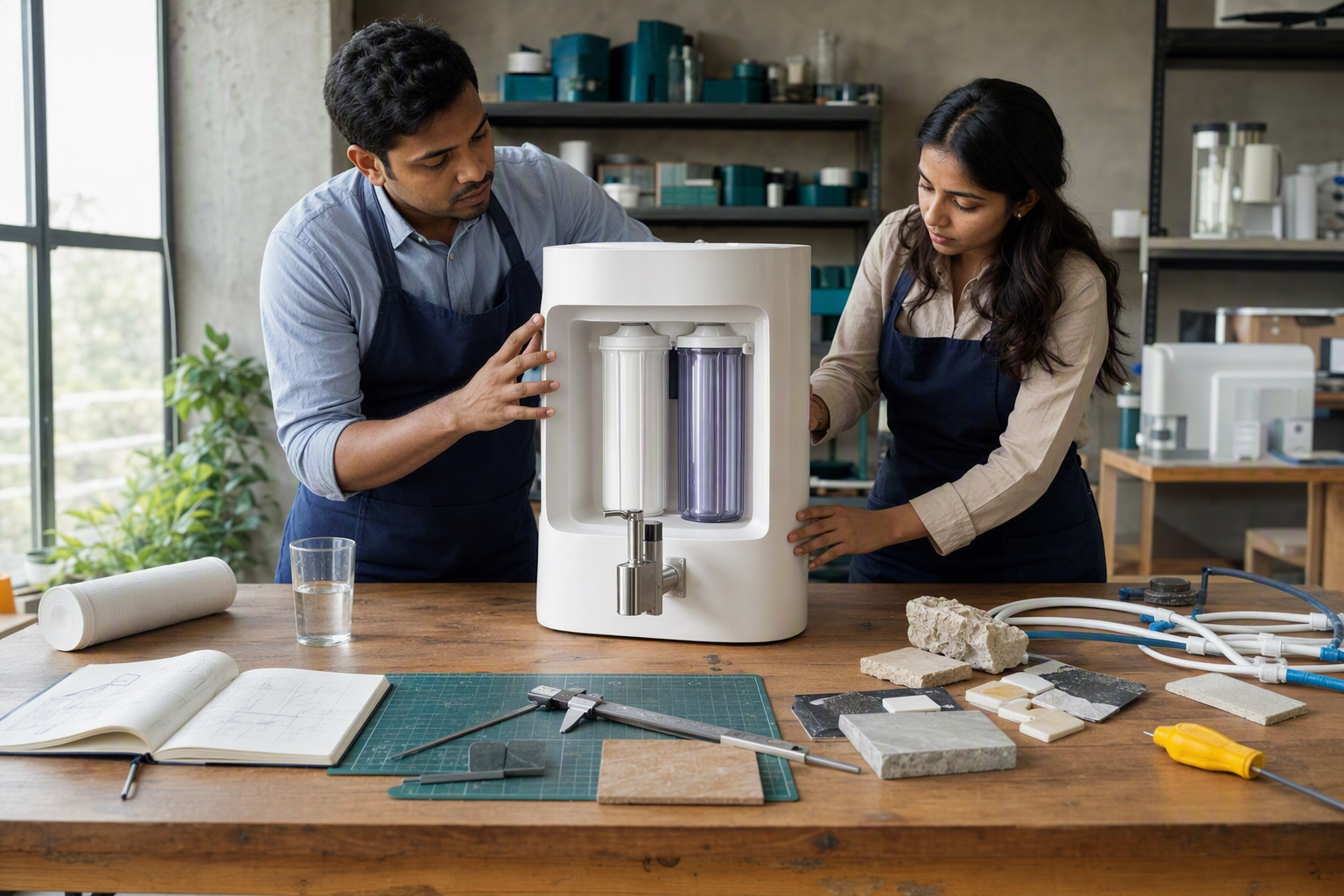 Conceptual purifier workshop scene with a water purifier, tools, and material samples arranged for review