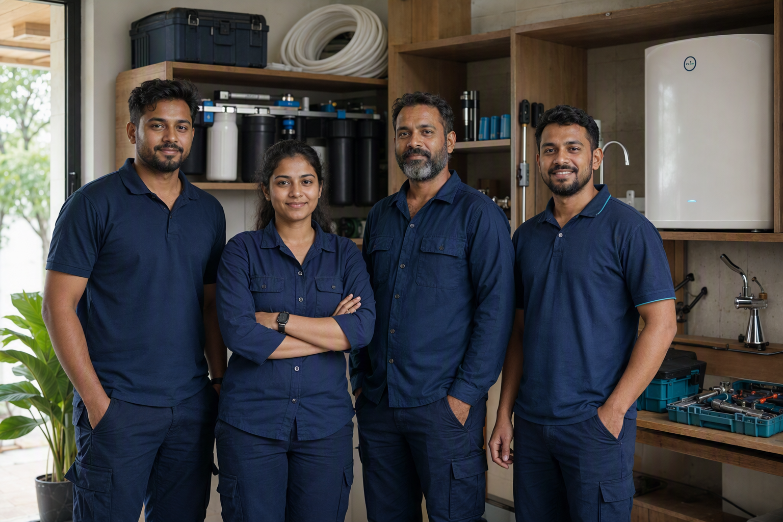 Conceptual group portrait of water-service professionals in simple workwear beside installation equipment