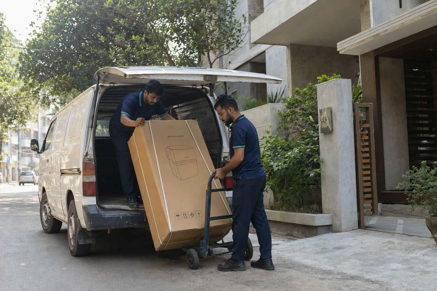 Conceptual delivery worker carrying a boxed water purifier to a contemporary Dhaka apartment entrance