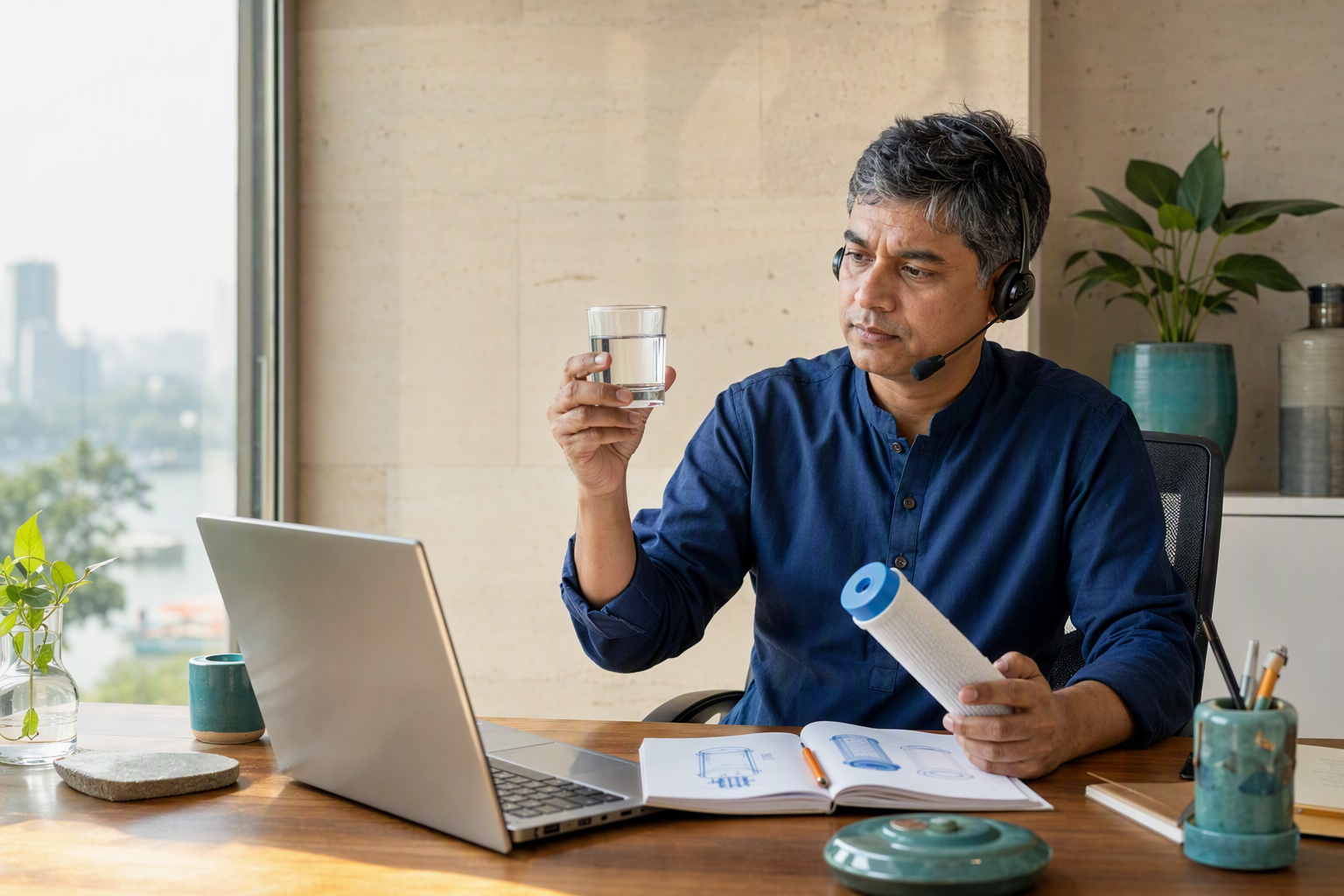 Conceptual water-care advisor reviewing purifier options with a customer by phone in a bright Dhaka office setting
