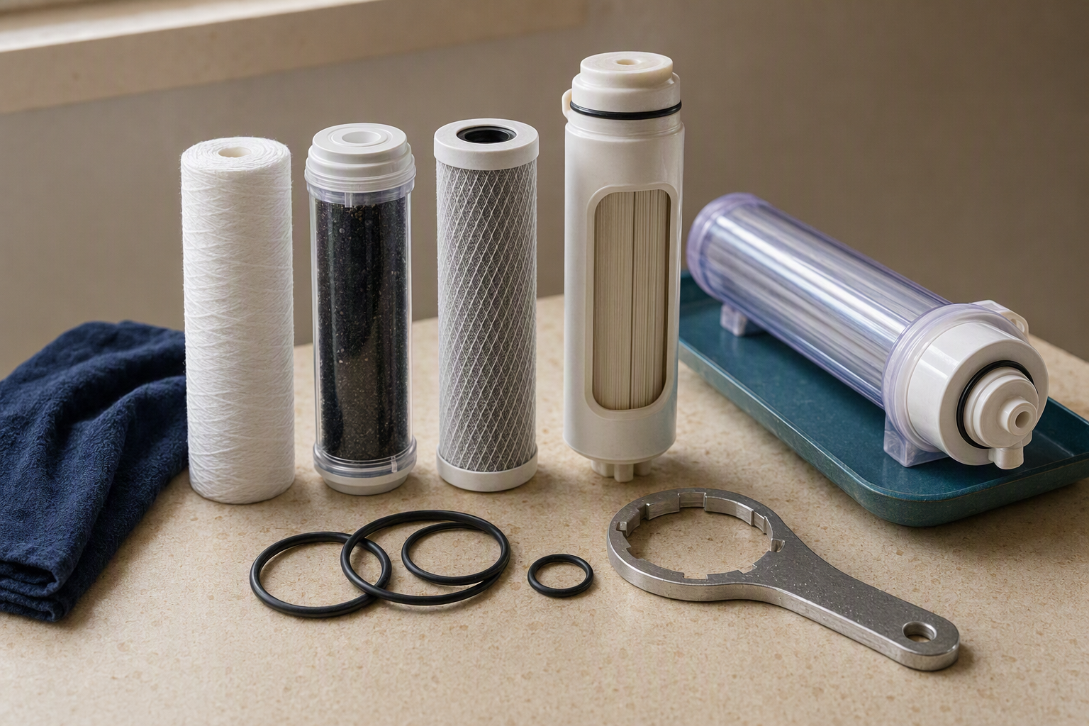 A labelled set of sediment, carbon and membrane filter cartridges arranged for maintenance