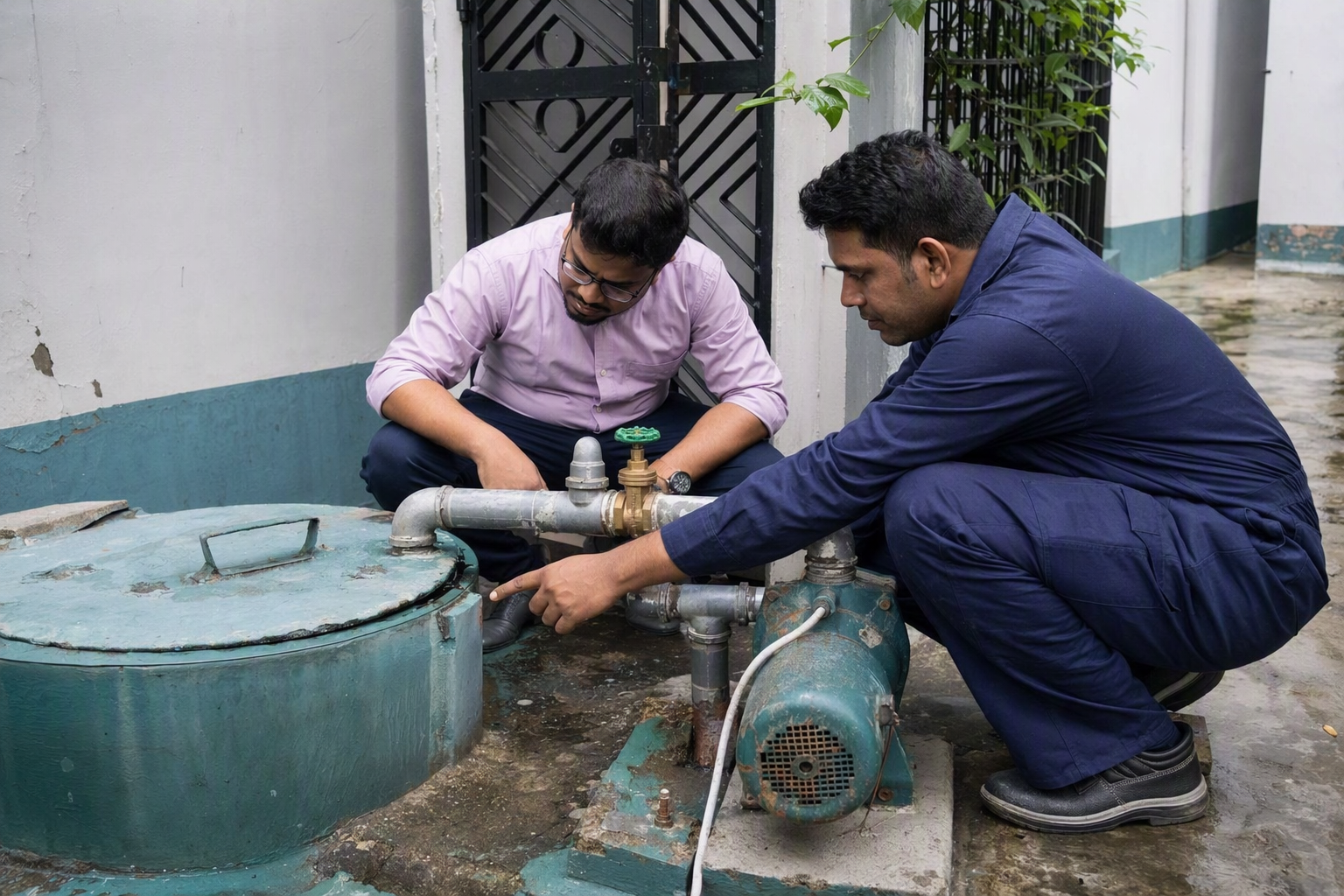 A groundwater pump and water storage setup serving a Bangladesh residential building