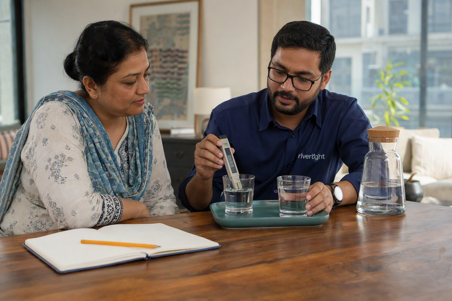A household water sample being checked with a handheld TDS meter beside a kitchen tap