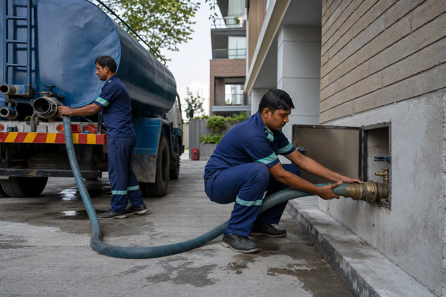A water tanker delivering to a residential property in an urban Bangladesh neighbourhood