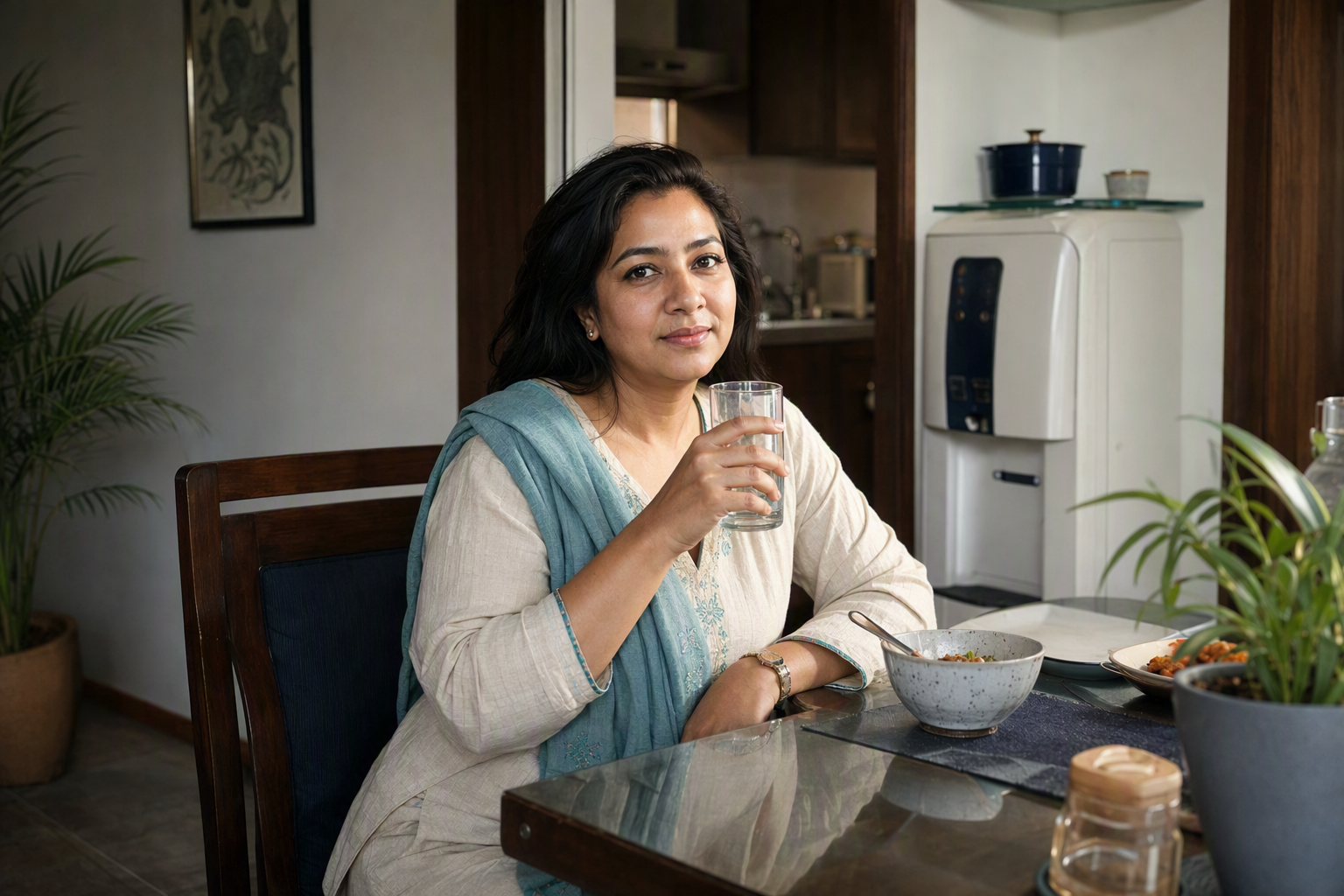 A customer beside her kitchen water station in a bright Dhaka apartment