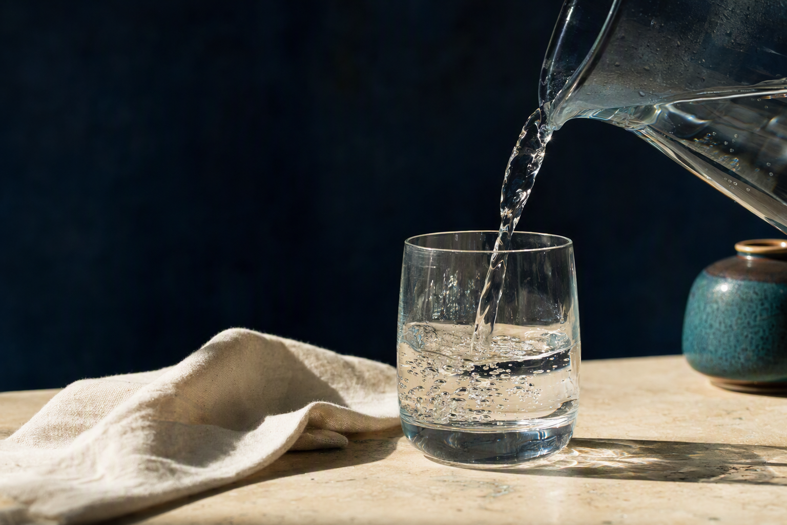 Clear water pouring into a fine glass on a stone counter
