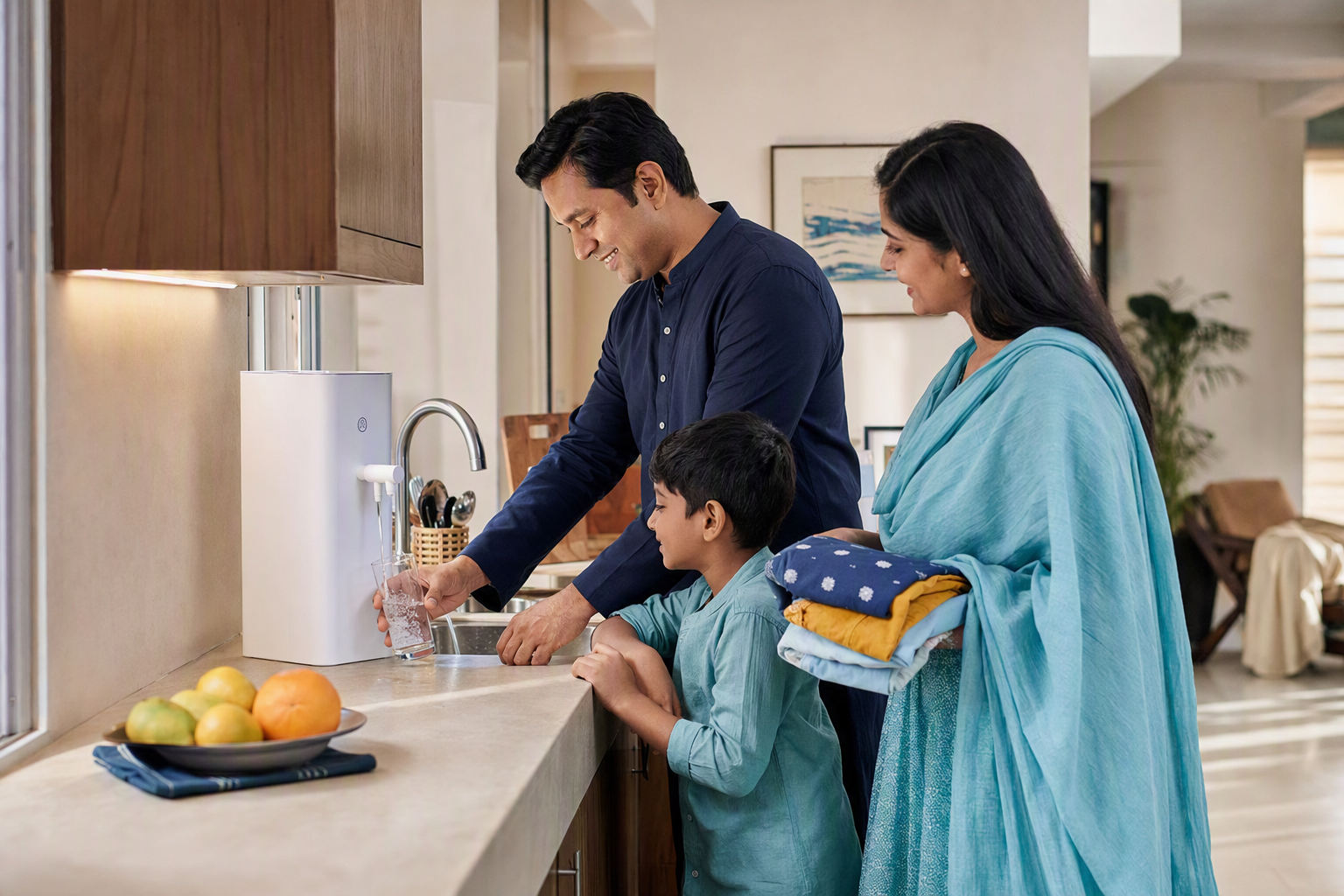 A Bangladeshi family filling a glass beside a Shuddho purifier in a sunlit contemporary kitchen