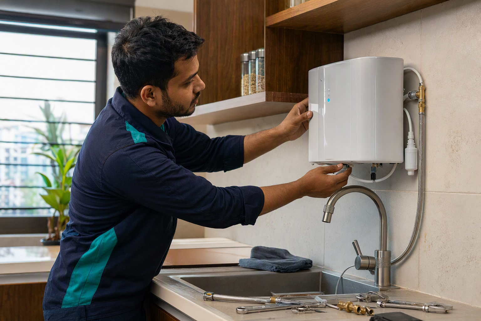 A Shuddho technician carefully installing a purifier in a Dhaka kitchen