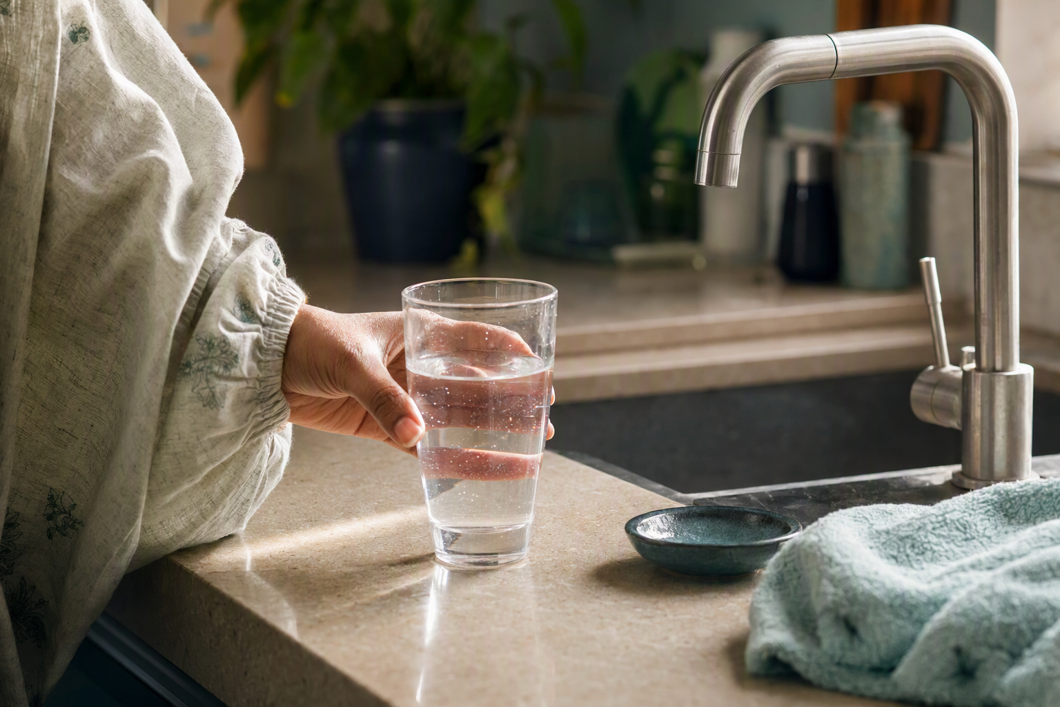 Clear drinking water in a textured glass on a real kitchen counter