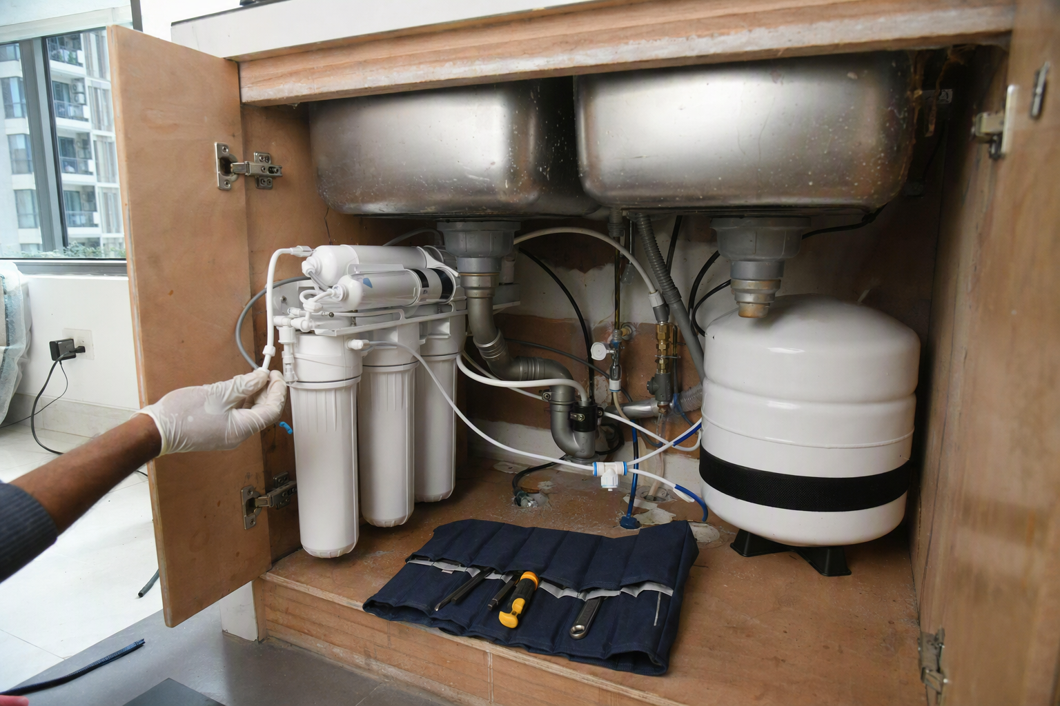 A Shuddho technician routing purifier inlet and drain lines neatly beneath a kitchen sink