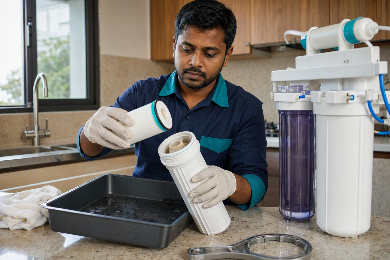 New purifier filter cartridges being compared with labelled used cartridges during replacement