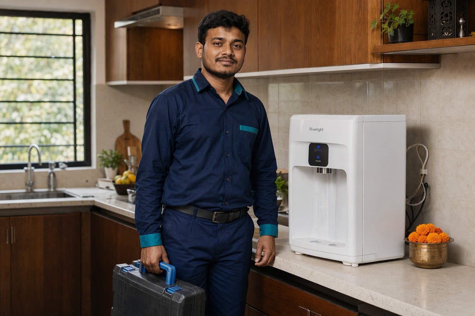 A water purifier service technician standing beside an under-sink installation in a Bangladesh home