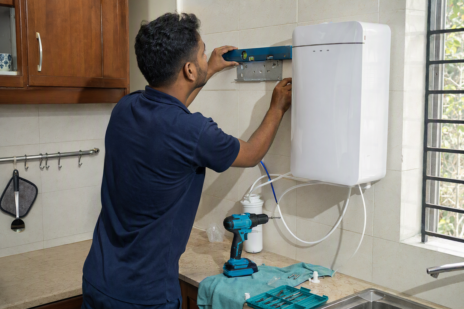 A technician fitting purifier tubing and a dedicated drinking-water tap at a kitchen sink