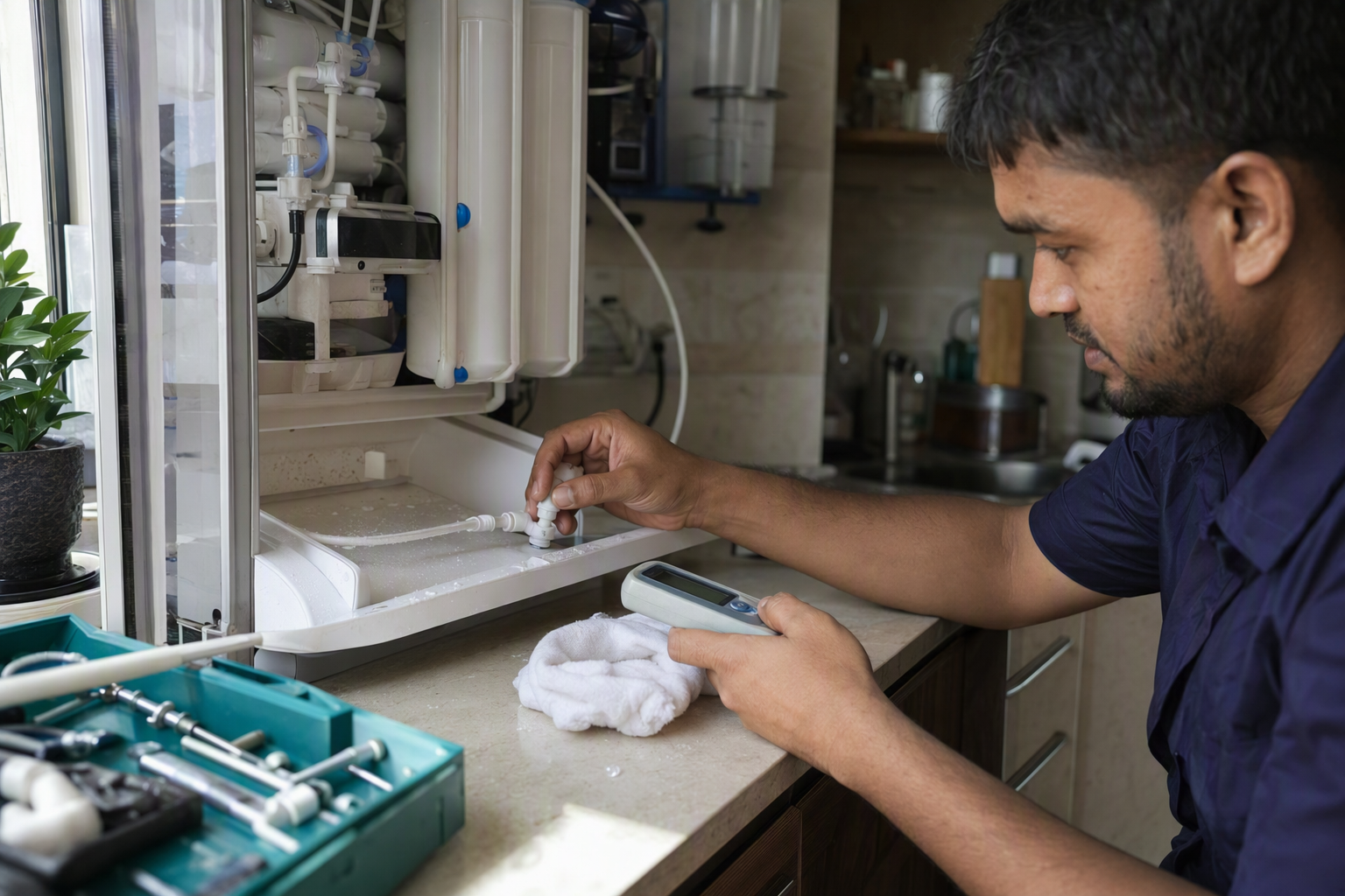 A technician inspecting purifier tubing, storage tank and water flow during preventive maintenance