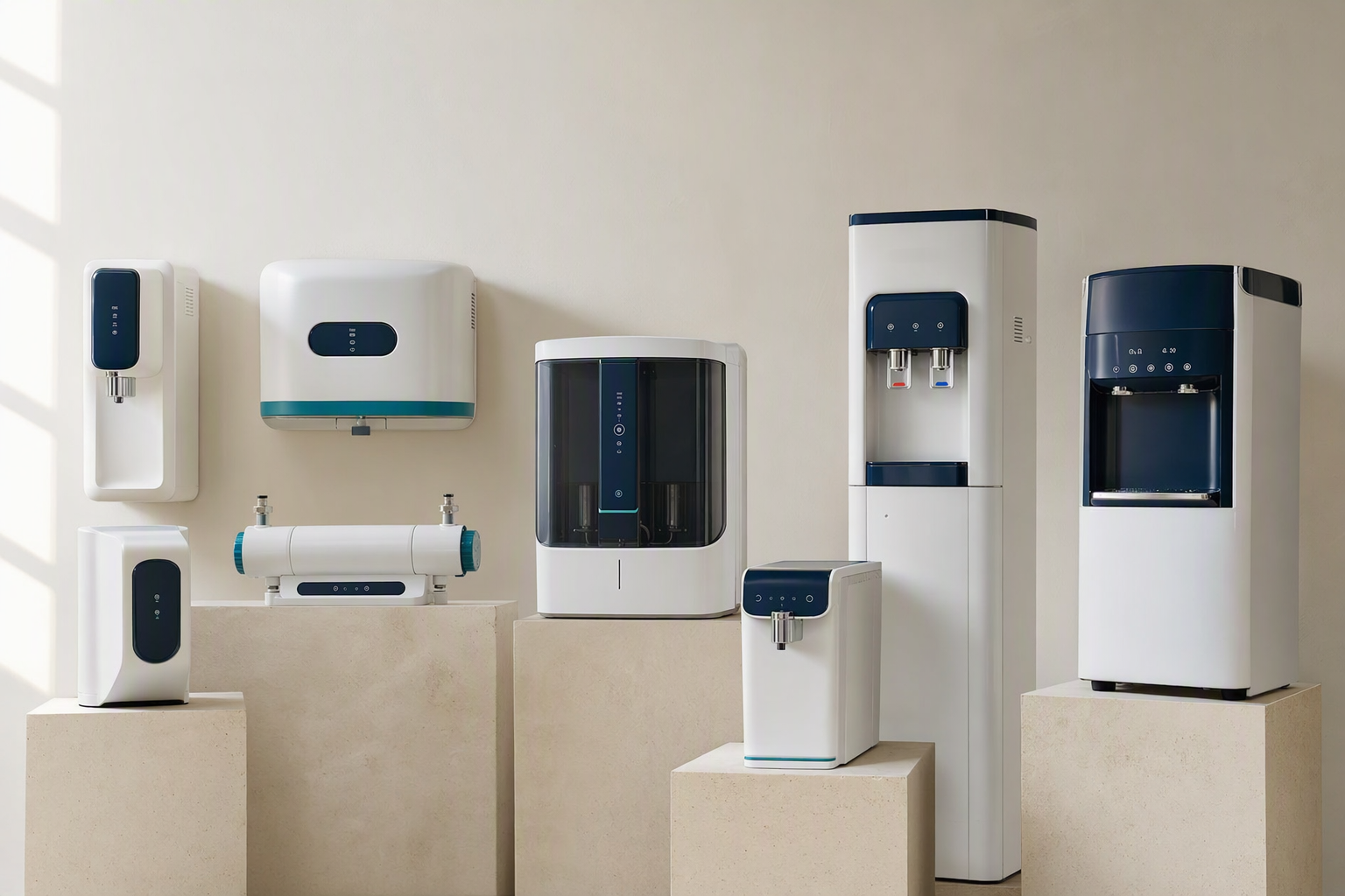 A studio lineup of Shuddho home and office water purifiers